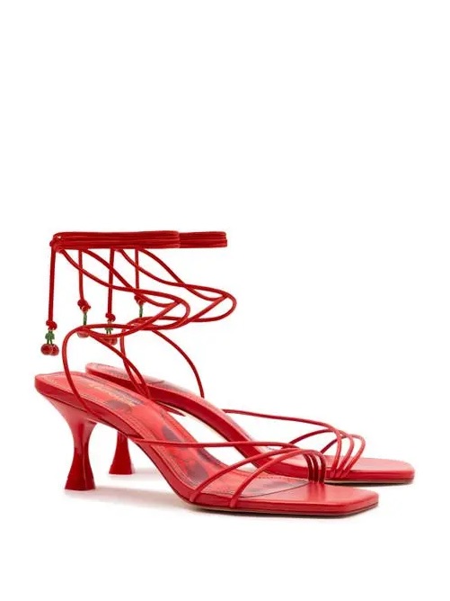 Kitten Heels Larroude Red Strappy Ankle-Tie Mid Heel Sandals